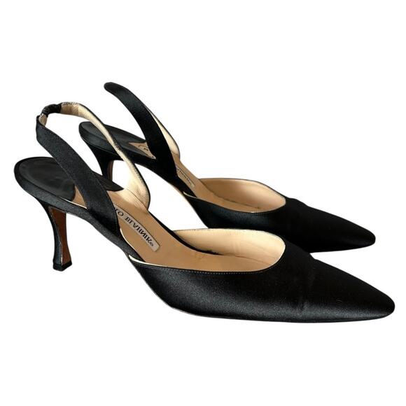 EUC Manolo Blahnik CAROLYNE 70 Black Satin Slingback Pumps 9.5 Pointed Toe Heels